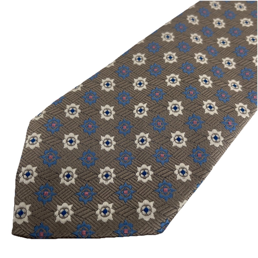 OAKTON LTD. Men's Tie Geometric Taupe Periwinkle Blue Cream Print Preppy Wedding